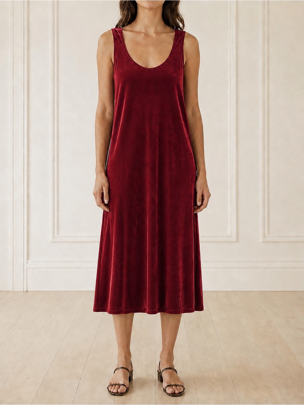 CP Shades Velvet Dress Medium Cranberry Red Sleeveless Scoop Neck Midi Vintage